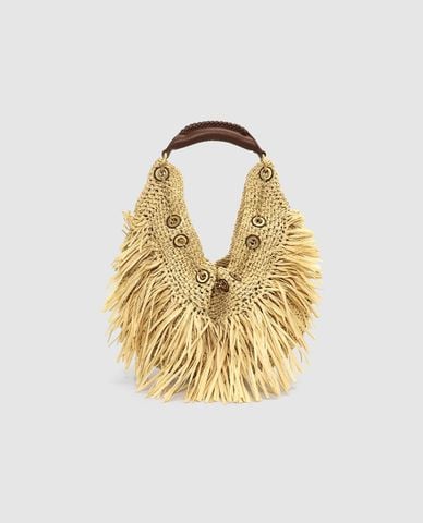  URBAN REVIVO - Túi xách nữ cói tua rua tay cầm da 