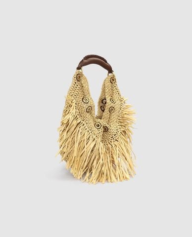  URBAN REVIVO - Túi xách nữ cói tua rua tay cầm da 