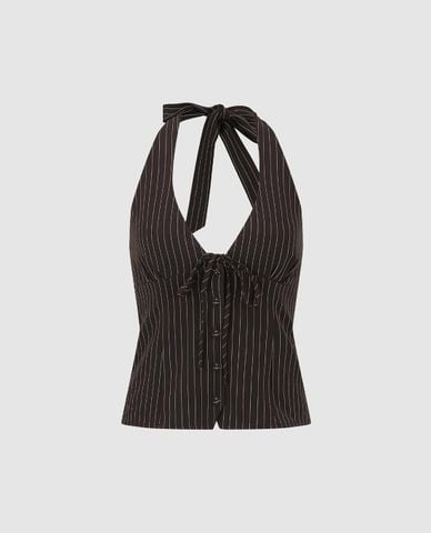  URBAN REVIVO - Áo kiểu nữ cổ yếm kẻ sọc thắt nơ 