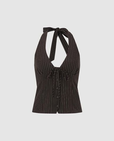  URBAN REVIVO - Áo kiểu nữ cổ yếm kẻ sọc thắt nơ 