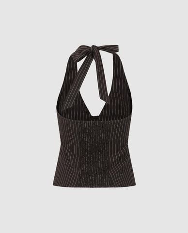  URBAN REVIVO - Áo kiểu nữ cổ yếm kẻ sọc thắt nơ 