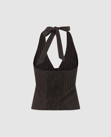  URBAN REVIVO - Áo kiểu nữ cổ yếm kẻ sọc thắt nơ 