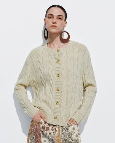  URBAN REVIVO - Áo khoác cardigan nữ cổ tròn dệt thừng 