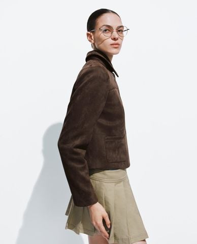  URBAN REVIVO - Áo khoác croptop nữ cổ bẻ tay dài phối nút 