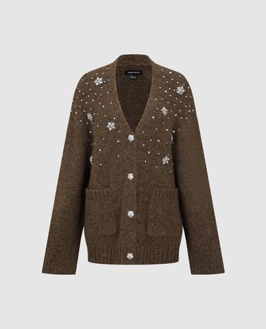  URBAN REVIVO - Áo khoác cardigan nữ cổ V tay dài đính đá 