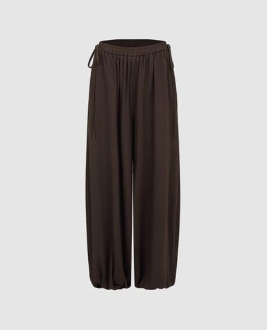  URBAN REVIVO - Quần nữ ống rộng lưng thun phối dây rút 