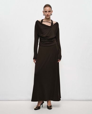  URBAN REVIVO - Đầm trễ vai maxi xếp nếp phối dây 