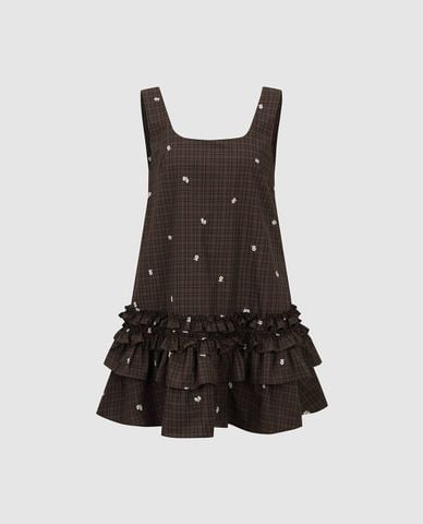  URBAN REVIVO - Đầm hai dây mini xếp tầng phối bèo thêu hoa 