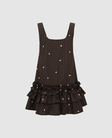  URBAN REVIVO - Đầm hai dây mini xếp tầng phối bèo thêu hoa 