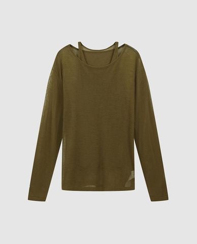  URBAN REVIVO - Áo dệt kim nữ tay dài xuyên thấu phối layer 