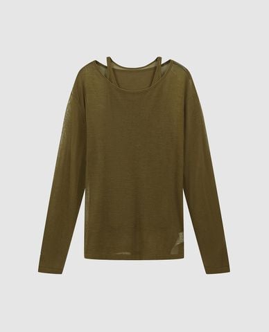  URBAN REVIVO - Áo dệt kim nữ tay dài xuyên thấu phối layer 