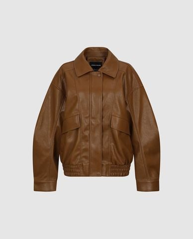  URBAN REVIVO - Áo khoác da nữ cổ bẻ tay dài phối túi hộp 