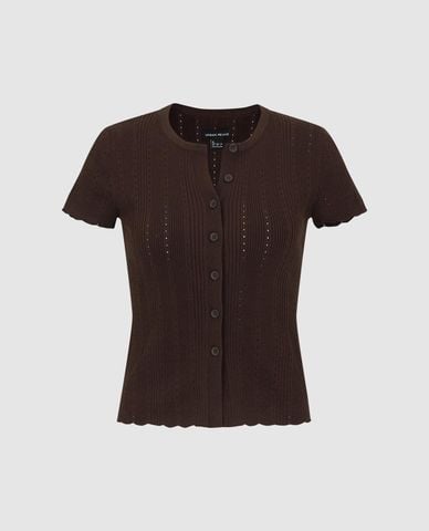  URBAN REVIVO - Áo dệt kim nữ tay ngắn phối nút 