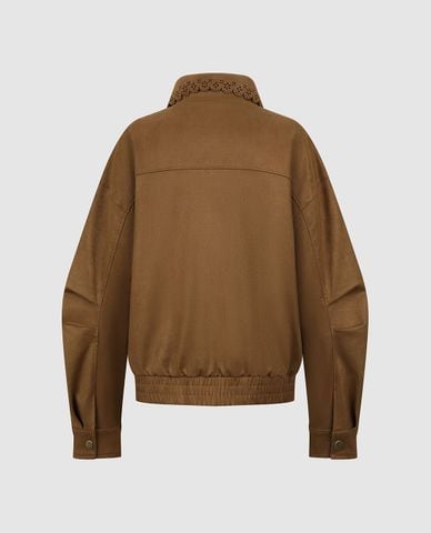 URBAN REVIVO - Áo khoác bomber nữ cổ bẻ phối khoá zip 