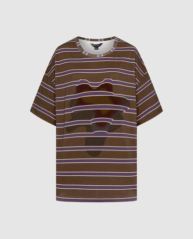  URBAN REVIVO - Áo thun nữ cổ tròn tay ngắn phối sọc 