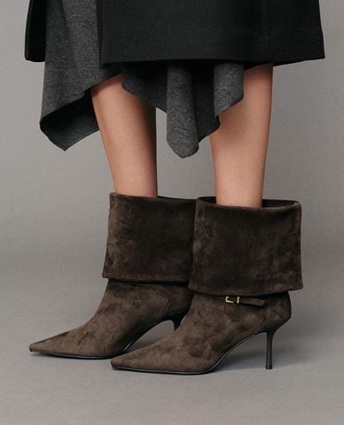  URBAN REVIVO - Giày boots cao gót nữ mũi nhọn phối khóa 