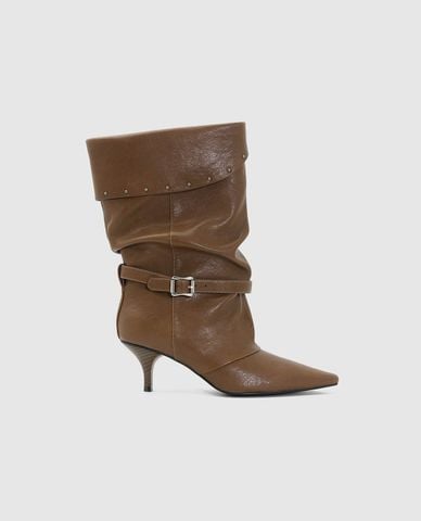  URBAN REVIVO - Giày boots cao gót nữ cổ gập đính đinh 