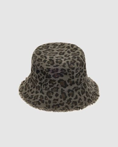  URBAN REVIVO - Nón bucket nữ họa tiết da báo viền tua rua 
