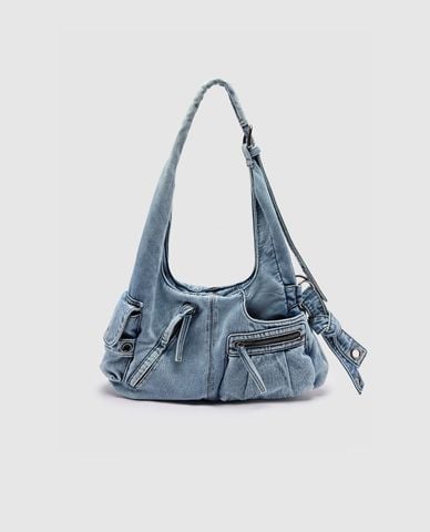  URBAN REVIVO - Túi đeo vai nữ denim nữ hình thang nhiều ngăn 