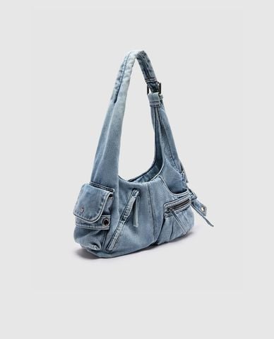  URBAN REVIVO - Túi đeo vai nữ denim nữ hình thang nhiều ngăn 