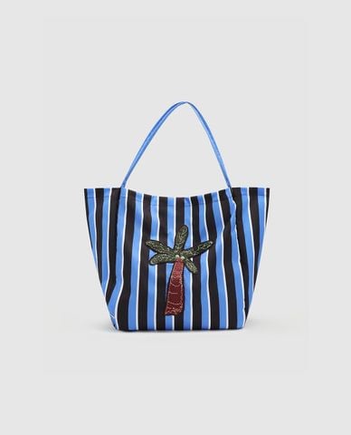  URBAN REVIVO - Túi tote nữ hình thang kẻ sọc phối họa tiết 