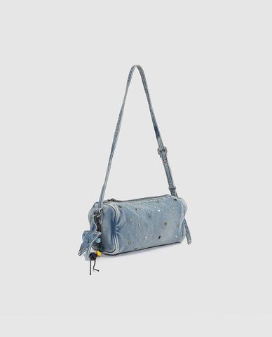 URBAN REVIVO - Túi đeo vai nữ denim hình trụ tròn đính charm 