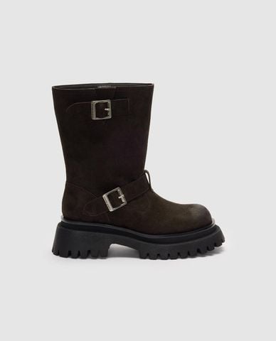  URBAN REVIVO - Boots nữ đế vừa cổ cao phối khóa đôi 