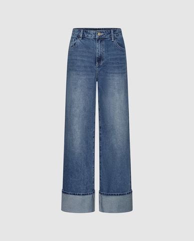  URBAN REVIVO - Quần jeans nữ ống rộng xắn gấu 