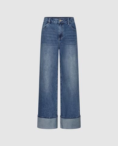  URBAN REVIVO - Quần jeans nữ ống rộng xắn gấu 