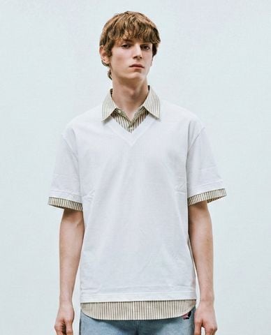  URBAN REVIVO - Áo thun nam cổ sơ mi tay ngắn layer 