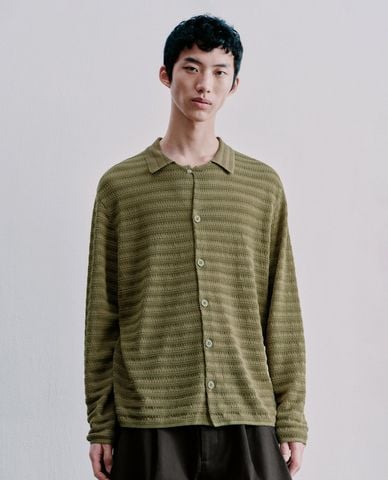  URBAN REVIVO - Áo dệt kim nam cổ bẻ tay dài hiện đại 