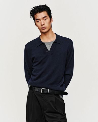  URBAN REVIVO - Áo polo nam dệt kim tay dài phối layer 