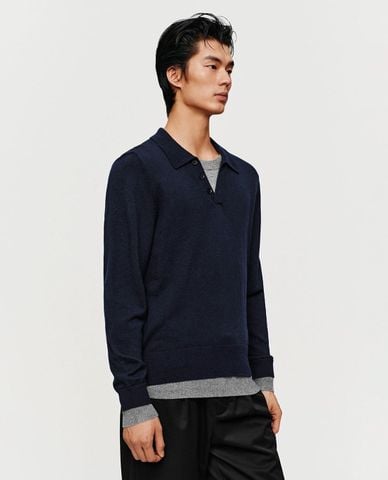  URBAN REVIVO - Áo polo nam dệt kim tay dài phối layer 