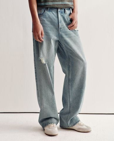  URBAN REVIVO - Quần jeans nam ống rộng wash bạc 