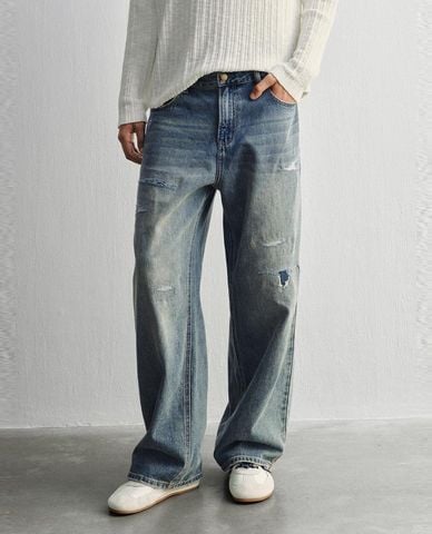  URBAN REVIVO - Quần jeans nam ống rộng wash bạc 