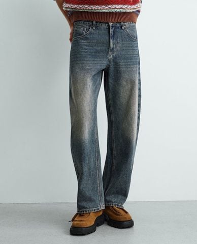 URBAN REVIVO - Quần jeans nam ống rộng wash bạc 
