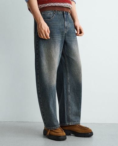  URBAN REVIVO - Quần jeans nam ống rộng wash bạc 
