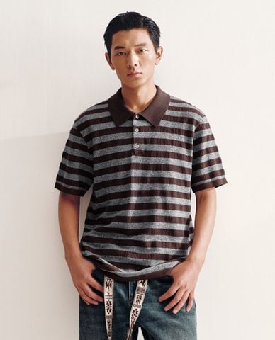  URBAN REVIVO - Áo polo nam dệt kim tay ngắn kẻ sọc 