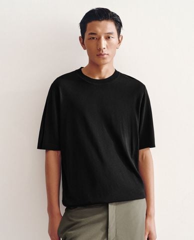  URBAN REVIVO - Áo dệt kim nam cổ tròn tay ngắn bo gấu 