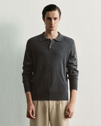  URBAN REVIVO - Áo polo nam dệt kim cổ bẻ tay dài 