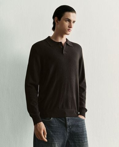  URBAN REVIVO - Áo polo nam dệt kim cổ bẻ tay dài 