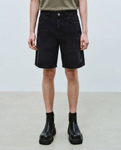  URBAN REVIVO - Quần short jeans nam ống rộng wash đậm 