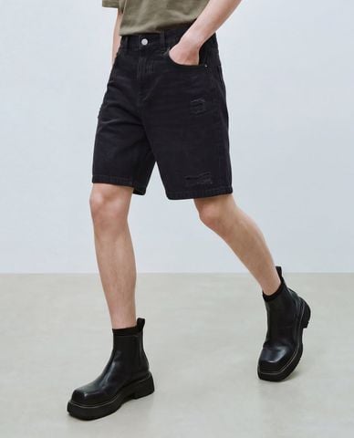  URBAN REVIVO - Quần short jeans nam ống rộng wash đậm 
