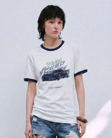  URBAN REVIVO - Áo thun nữ cổ tròn tay ngắn phối viền 