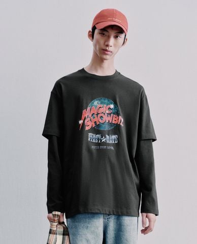  URBAN REVIVO - Áo thun nam cổ tròn tay ngắn phối layer 
