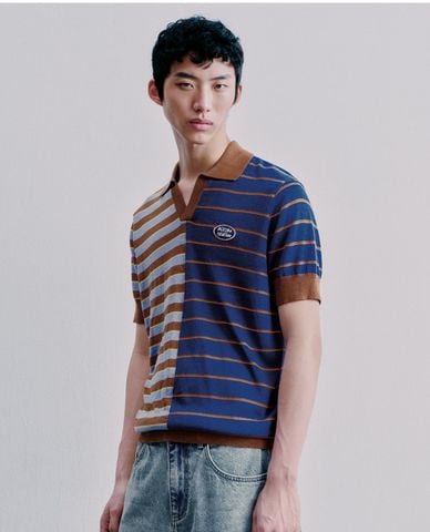  URBAN REVIVO - Áo polo nam dệt kim tay ngắn cổ V phối sọc 