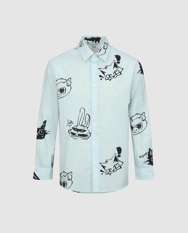  URBAN REVIVO - Áo sơ mi nam cổ bẻ tay dài kẻ sọc in họa tiết 