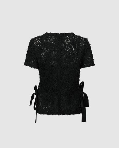  URBAN REVIVO - Áo kiểu nữ ren cổ tròn tay ngắn phối nơ 