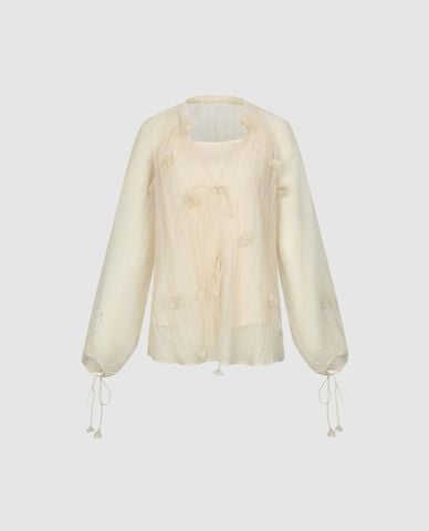  URBAN REVIVO - Áo kiểu nữ đính hoa buộc dây 