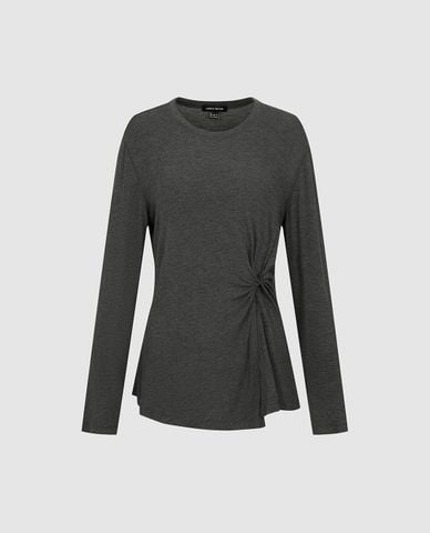  URBAN REVIVO - Áo kiểu nữ cổ tròn tay dài xoắn eo 